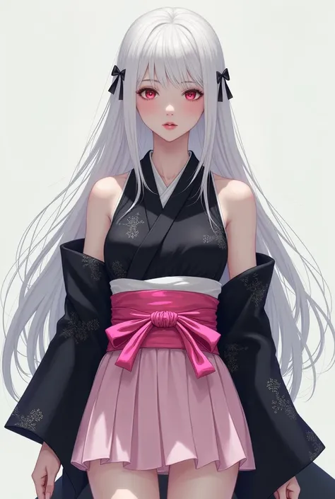 Girl with long white hair and black kimono with pale pink miniskirt, Showing the shoulders and Obi Chunky another pink