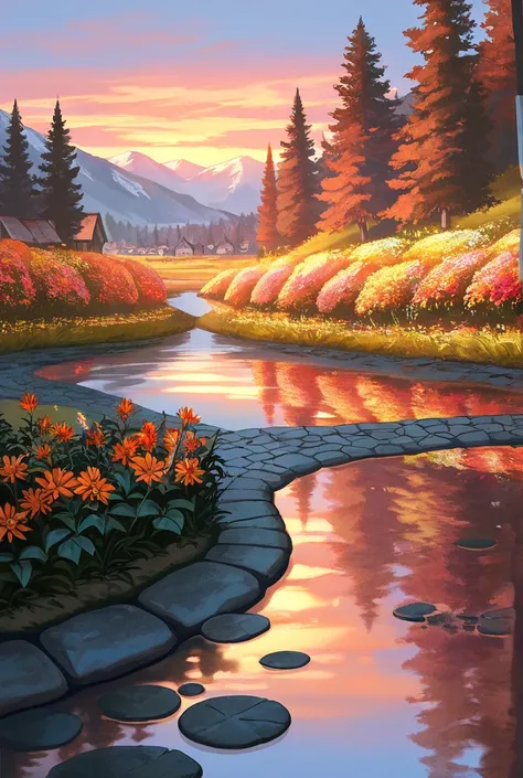  a small village by the river，Mountains in the background，Flowers in bloom，Bright colors， Detailed Scenery ， beautiful natural silver landscape ，Mood lighting，Scorching sunset，Warm colors，practical，practicalphotography，Delicate leaves，Complex buildings， co...