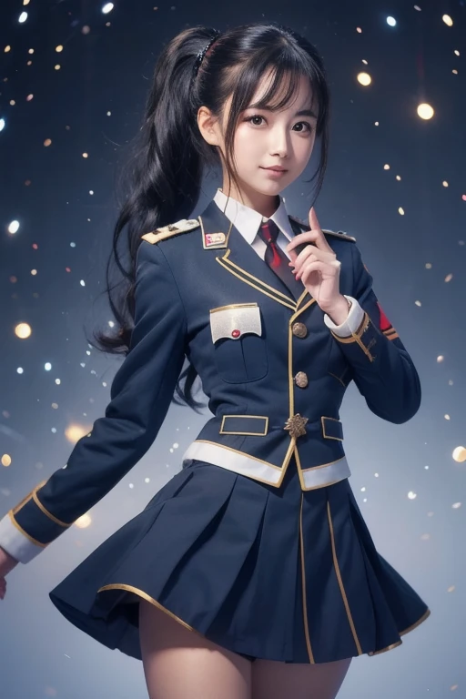  cute girl, 1 girl in uniform, solo, accurate,  ponytail,  black hair,  long hair,  Christmas