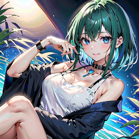 Ultra high resolution, anime style,  Slender Twentysomething Female ,  clear skin,Fair skin,  straight hair, asymmetrical bangs , short hair, , dark green hair, A small face with a well-shaped shape, Beautiful face, laughs, Moist eyes,True blue eyes , Blac...