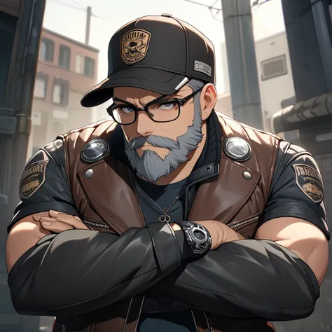 man,  short hair, barba,  eyeglasses , cap, leather vest, Motorcycle club,  high definition 4k,  arms crossed,  from the front 