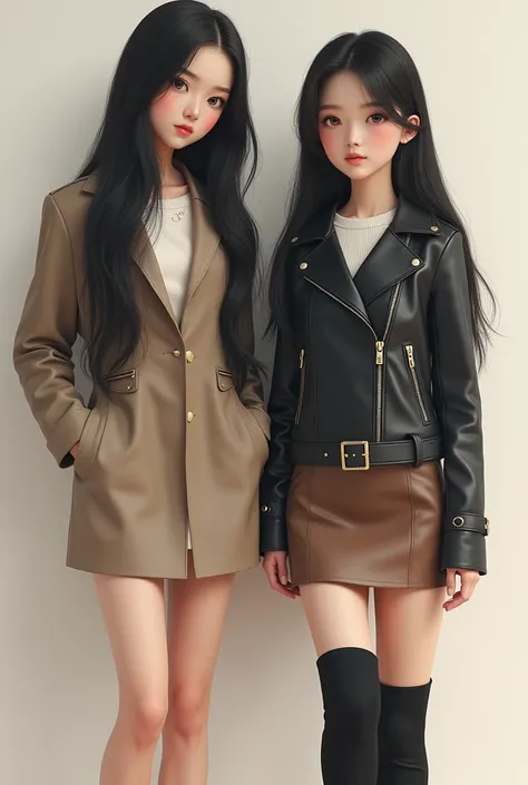 Two Sisters　 Realistic Pictures　 8K my sister is 165 tall, my sister is 160 tall, my sister is tall, my sister has long black hair、 My little sister has semi-long black hair 、 asian beauty、 riding jacket and mini skirt 。 long boots。My sister is looking far...