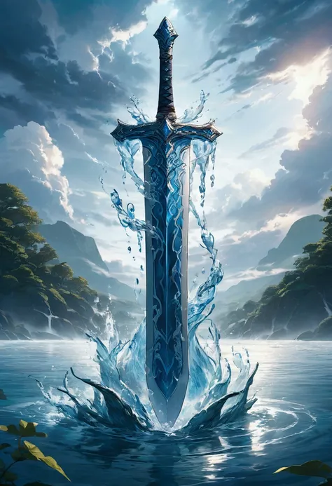 A water elemental greatsword that is planted on the surface of the water.