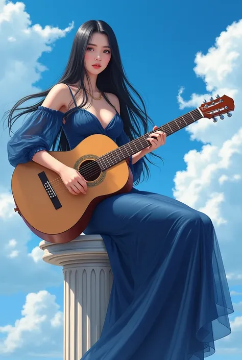 "A beautiful young woman with long, flowing black hair sits gracefully on a classical-style pillar. She is wearing an elegant deep blue dress, holding an acoustic guitar in her hands. The scene is set against a bright blue sky with fluffy white clouds in t...