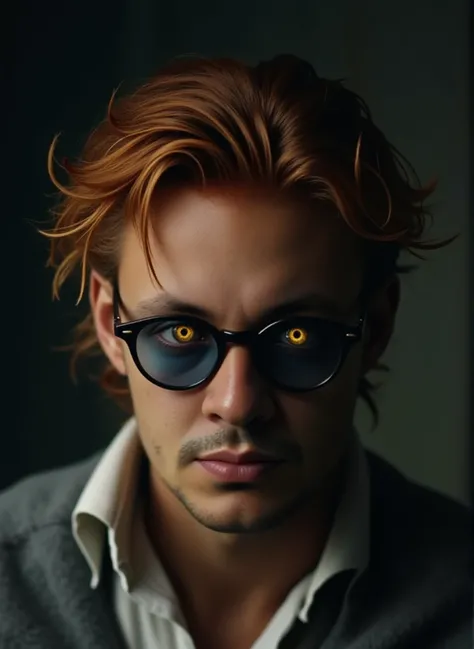 realistic portrait, horror, Cool tones, man 30 years old, long greasy tangled red hair, freckles, gray skin, old-fashioned glasses with dark blue lenses, yellow eyes