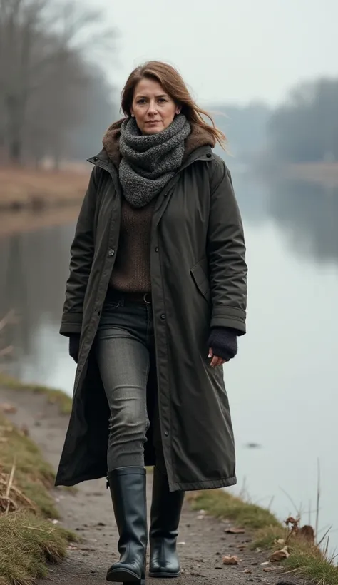 A 36-year-old woman walking along a riverbank, dressed in a long jacket and scarf.