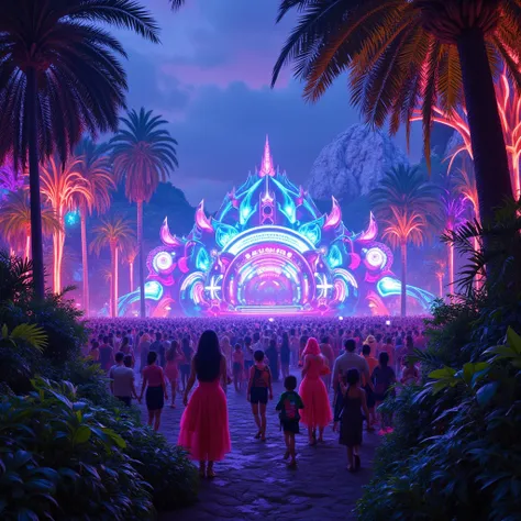 Music festival in a neon jungle and neon lights