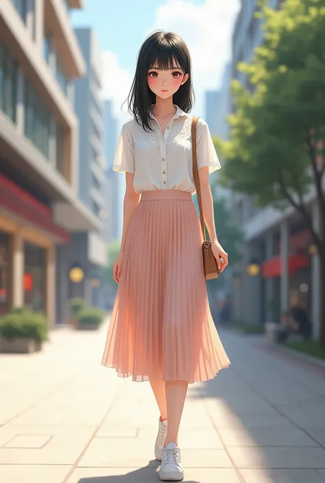 Portrait of a young Chinese anime girl, based on the contemporary Asian beauty standard. She has fair, smooth skin with a slight natural glow, Oval shaped face with delicate features, large, dark brown almond shaped eyes with long, curled eyelashes. Her ey...