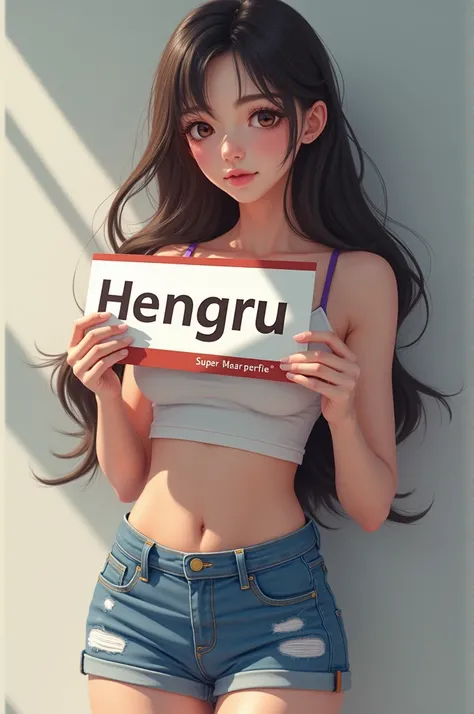 holding a nameplate. the name is "hengru". （lifelike， high - resolution：1.3）， 1 girl with a perfect body， Super fine face and eyes，slong hair， Tank top of random colors：1.2， short jeans， big boob，Expose cleavage