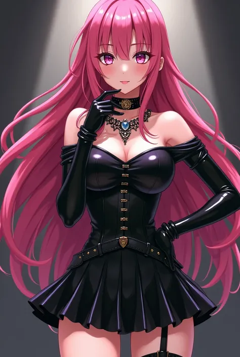 1 latex girl, anime, Domina, Long Hair, Looking at the viewer, Pink Hair, Dominant, Shiny Outfit Black, Pleated Miniskirt, Holding a Sex Slave Collar, Corset, Femdom, off-the-shoulder, Gloves, necklace