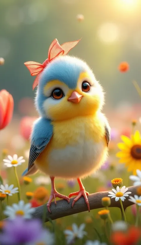  An ultra-realistic image of a super cute bird ,  with colorful and shiny feathers ,  standing in the middle of a flowery field . The little bird has a delicate and delicate ,  with soft feathers in shades of light blue and yellow ,  that contrast softly w...