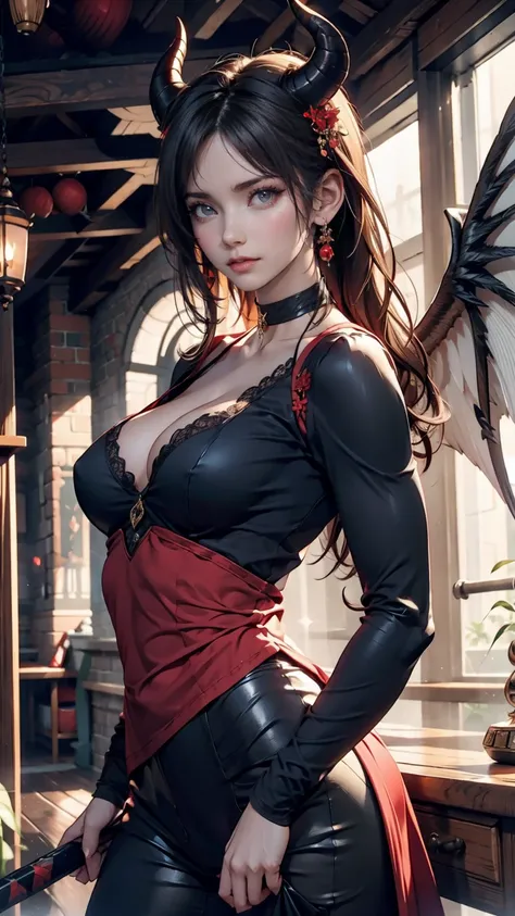 (  masterpiece  ), ( top quality), (  Details), Light Layer,  Shiny Skin , (intricate   Details ,  Tight Clothes, ,  demon wings , Hair Ornament :1.2), the above,  black hair,  black choker to hold breasts and nipples,  long hair, hime cut, woman, Butchouk...