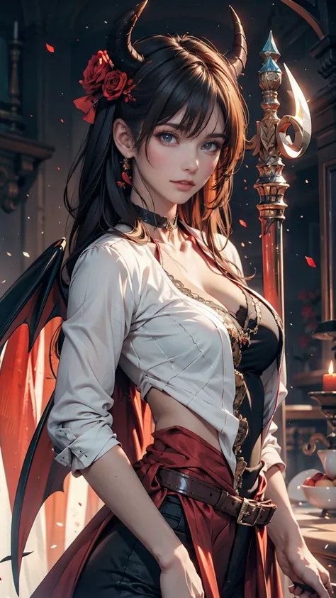 (  masterpiece  ), ( top quality), (  Details), Light Layer,  Shiny Skin , (intricate   Details ,  Tight Clothes, ,  demon wings , Hair Ornament :1.2), the above,  black hair,  black choker to hold breasts and nipples,  long hair, hime cut, woman, Butchouk...