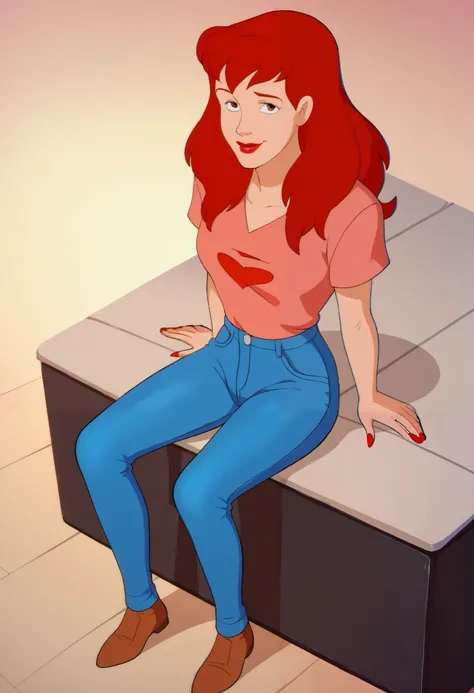 score_9, score_8_up, score_7_up, score_6_up, score_5_up, score_4_up , source_cartoon, 1girl, solo, xpeggybrx, red hair, long hair, makeup, lipstick, red lips, t-shirt, jeans, brown footwear, retro artstyle, upper body, looking on viewer, smiling, sitting o...