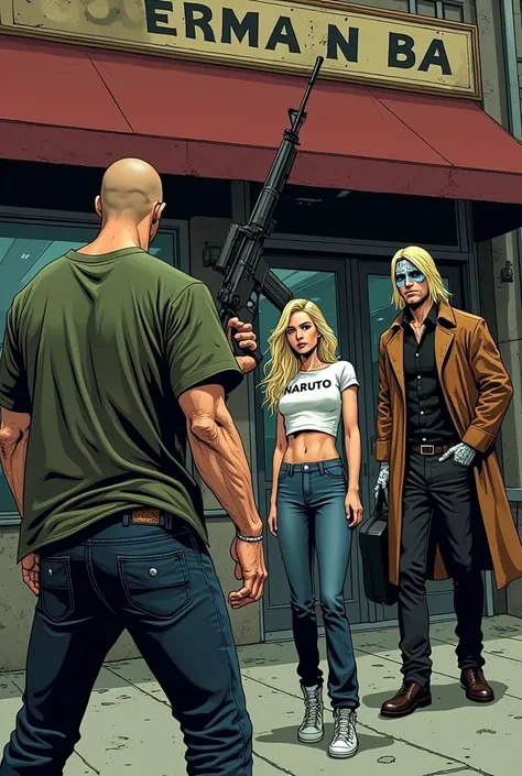  Act like a comic book designer and Make a bust of a man armed with an air-15 rifle, moreno, shaved head,  scars on his chest showing on a green shirt open in the front , smoking a cigarette.  He stands in front of a bar called German Bar , Make him scream...