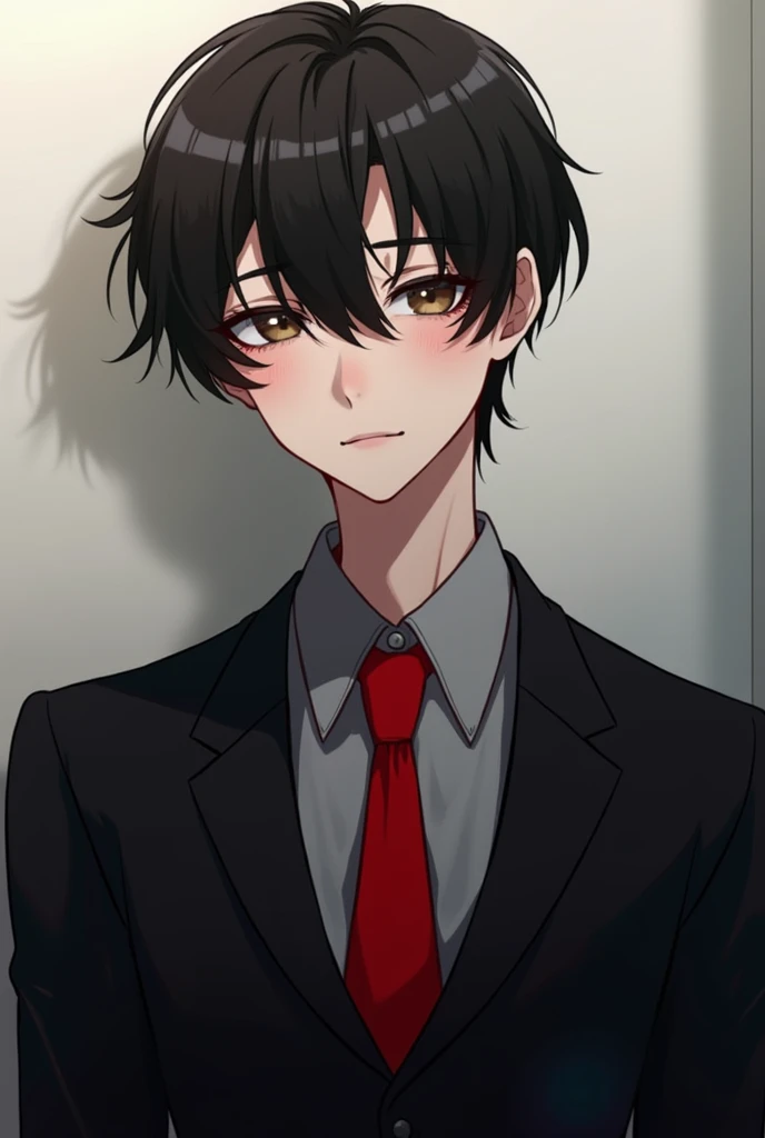 Create an image of a boy from BL or manga boy love with a black suit and a red tie