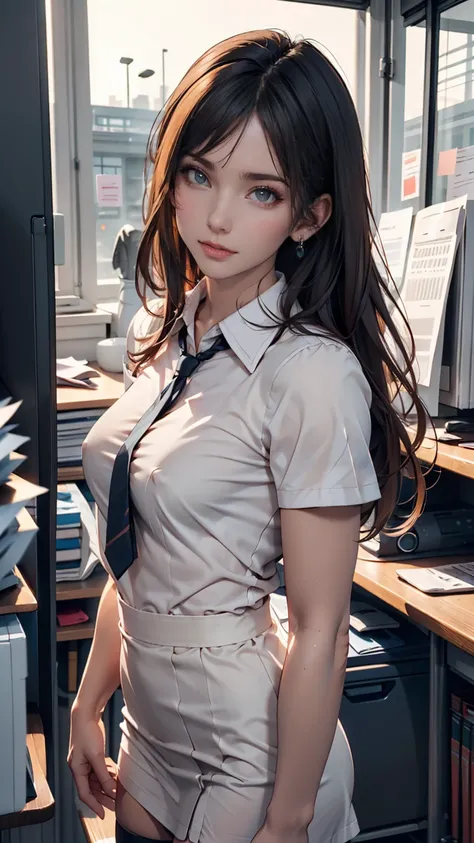  top quality,  full-body portrait , delicate face,  beautiful face,  big eyes: 1.1, compensate: 1.2,  25 year old woman,  slender body,  small bust, Office Lady Uniform,  white collar uniform for women, Office Uniform,  black stockings, Outdoor Scene,  sta...