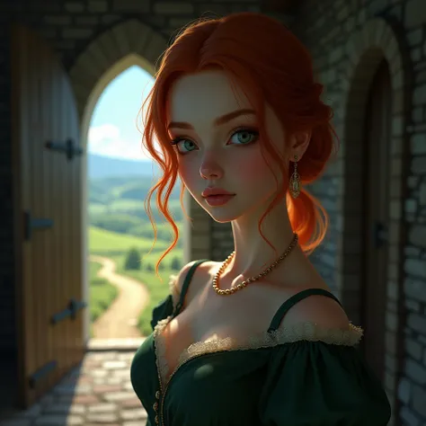 A dark fantastic image of a serene young woman with bright red hair decorated with a scattering of delicate freckles of a warm shade on the bridge of her nose and cheeks, which contrast with pale, porcelain-smooth skin shining with a soft, light shine. Her...