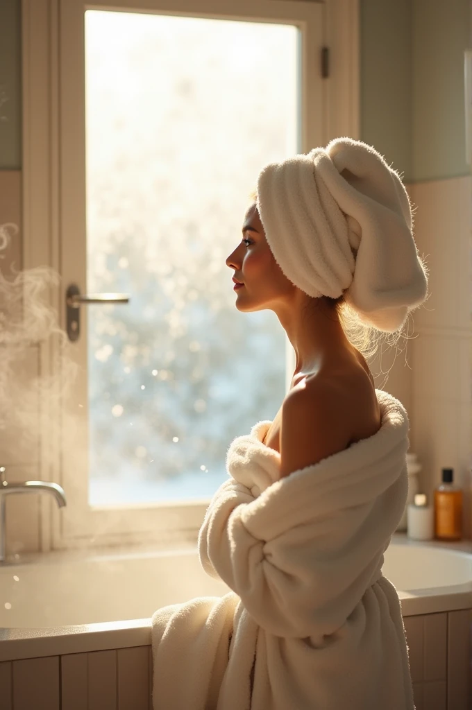 "Design a 9:16 visually appealing YouTube thumbnail for winter bathing tips. The scene includes a cozy bathroom with steam rising from warm water, a person wrapped in a fluffy towel or bathrobe, standing near a frosted window with subtle snowflakes visible...