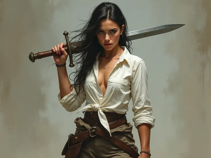 pirate woman ,  without a corset or anything ,  that tightens the waist , threatens the viewer with a sword,  Put on pants and a plain white shirt,  is not sexy , Everyday 