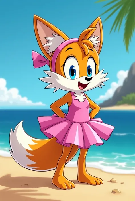 Tails the Fox wears a pink ballerina tutu swimming costume and a blue rubber swim ring on the beach. Tails knees are knocking like he needs a wee. SEGA Video Game Cartoon Animation