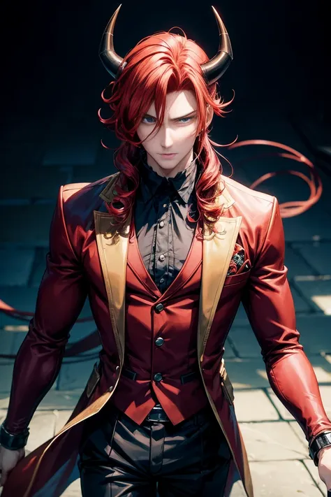 anime character with red hair and horns in a black suit, anime handsome man, beautiful  prince, tall anime guy with blue eyes, anime portrait of a handsome man, handsome japanese demon boy, handsome guy in demon slayer art, masculine prince, dapper dream d...