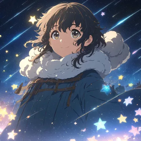 Anime drawings inspired by Makoto Shinkai, A girl throws a star into the dark sky, Shooting stars radiating from the night sky, Stars around the girl々The number of people looking up々Creatures of, Everyone looks up at the night sky with a smile, 4k anime wa...