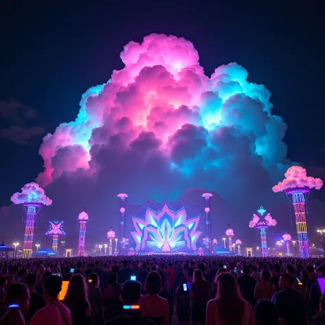 A night scene of a fantasy EDM music festival with colorful neon clouds glowing at the top. The sky is filled with neon lights of various shapes and sizes. The ground is covered with festival-goers, some with glowing accessories. There are large neon struc...