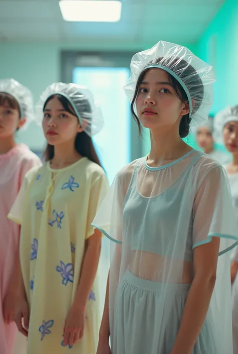 female medical roleplay party, girls wearing long pediatric patient (round neck) gowns and pvc gowns with nurserys prints (american teenager girls) and plastic shower caps