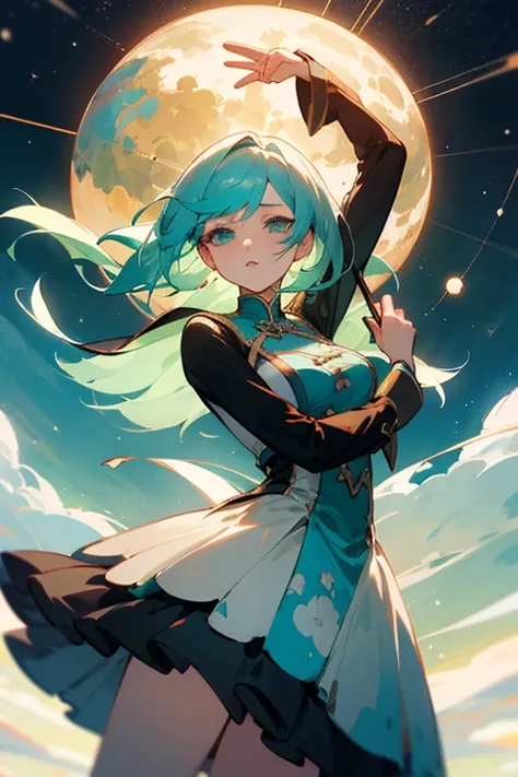  I want you to create yourself an anime girl with a modern twist of an ethereal girl with light mint green hair, Ripple ,  embracing the planet and surrounded by planets ,  I want the mysterious vibe , universe,  hair flying girl ,  and the pose is also ho...