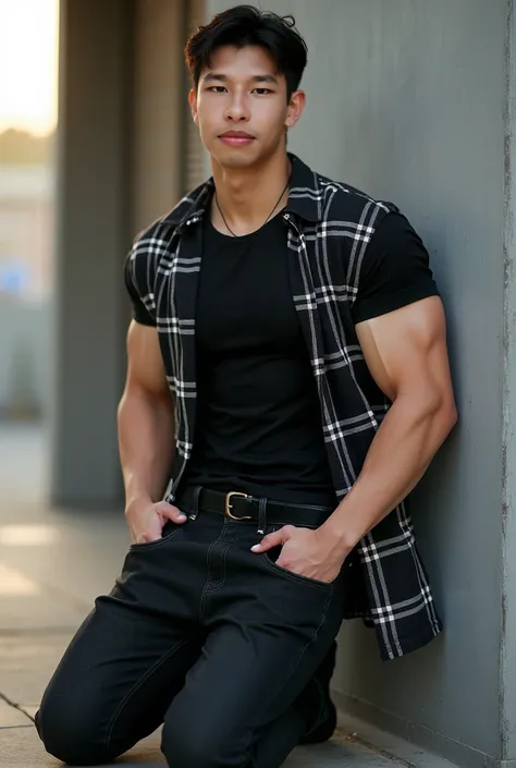 A Korean man wearing a black t-shirt , Black and white plaid shirt  , Black baseball cap , (((Big arm muscles,  tight breasts ,  Muscle Bundle, ))), ((( Black Jeans .  stares at the camera with a thin smile ))), (((Men with short hair))), (((, big muscles,...