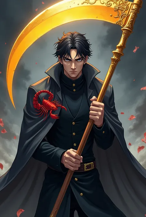 The character is an anime man with sharp, intense gray eyes that reflect determination and strength. He holds a shiny golden scythe with a curved, serrated blade, adding a mix of elegance and danger to his appearance. He wears a long, dark gray cloak, whic...