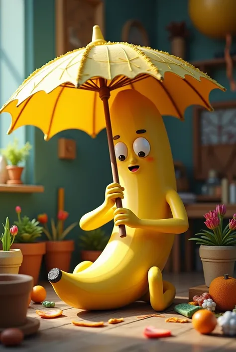 Banana crafting a umbrella 
