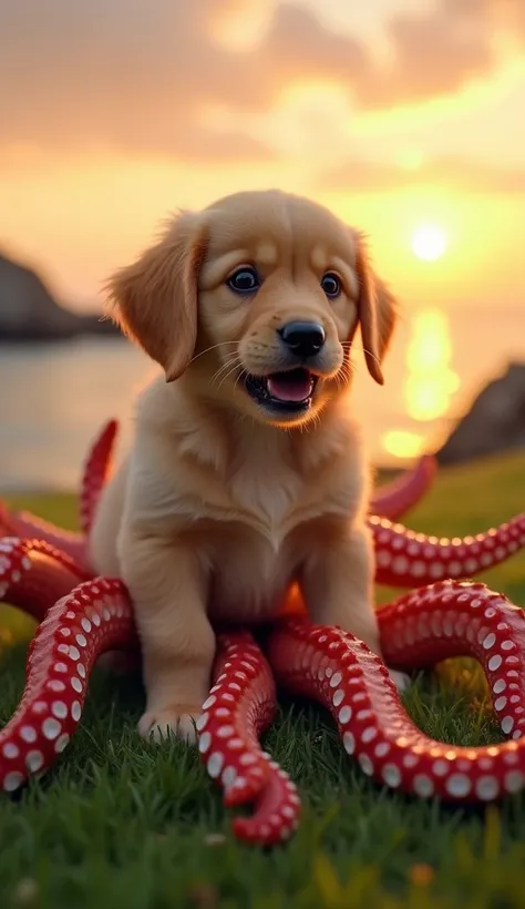 "In the image, a golden-furred puppy is sitting on a green lawn, surrounded by the tentacles of a red octopus. The puppy displays an expression of fear and desperation, with wide, shiny eyes, raised eyebrows, and an open mouth as if barking or crying. The ...