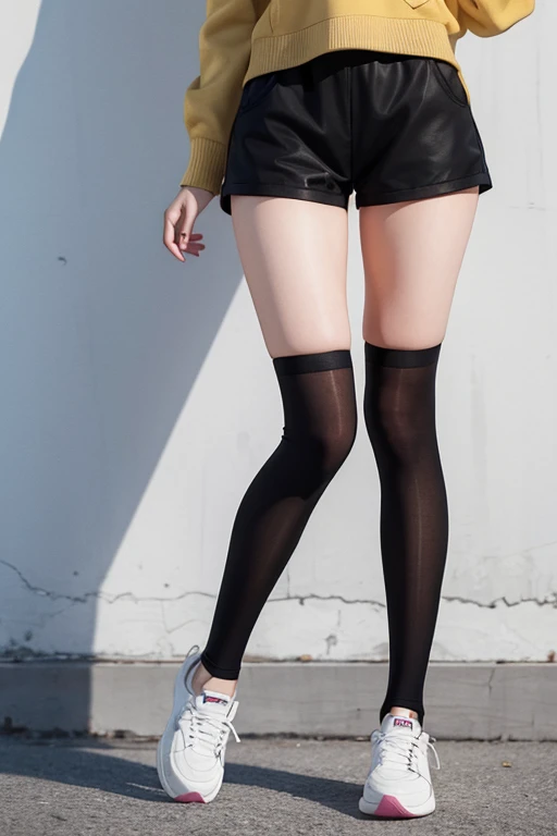 Blonde　 black tights　 sneakers　 shorts　