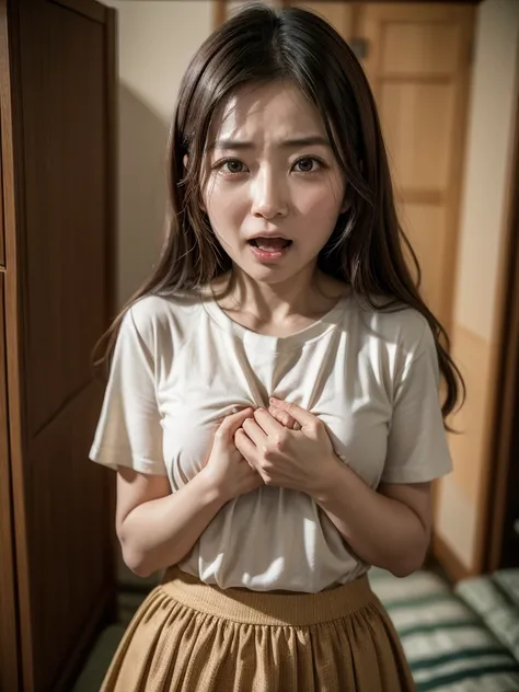 (grabbing own chest with both hands),(one woman),(Japanese Multiparous woman),(Married woman),(35 years old), (open mouth screaming),(afraid face:1.1),(embarrassed, blush), (ecstasy), (wearing t-shirt),(wearing long skirt),(brown long hair),In  a Japanese ...