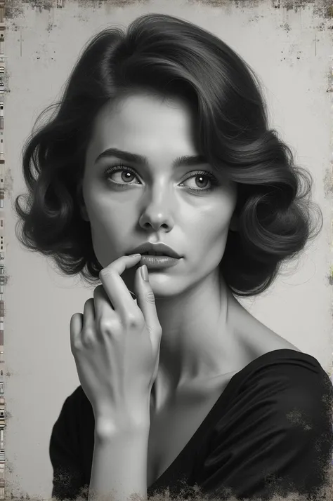 pretty Vintage women hand on lips black & white painting one person 