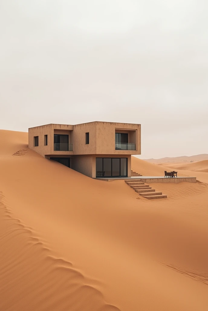 Photographie dun paysage dans le sahara avec une maison darchitecture de style contemporain enfouie dans le sable et avec un ciel gris