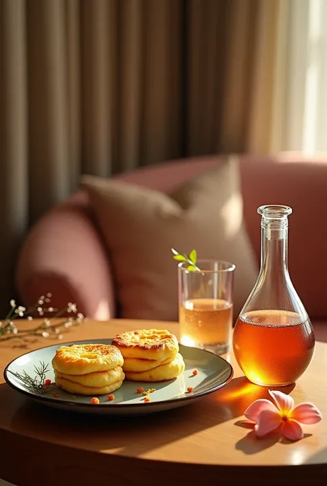 Afternoon tea set consisting of Korean-style omelets and chamisul sticks