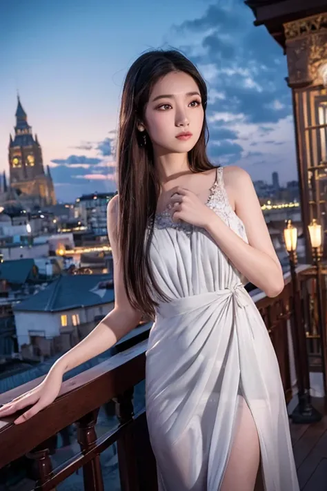 A stunning Asian woman  slide layered long brown hair and stands majestically on a moonlit terrace, adorned in a diaphanous silver nightdress that whispers subtle sparkles under the soft, silvery glow. The cityscape behind her shimmers with a tapestry of t...