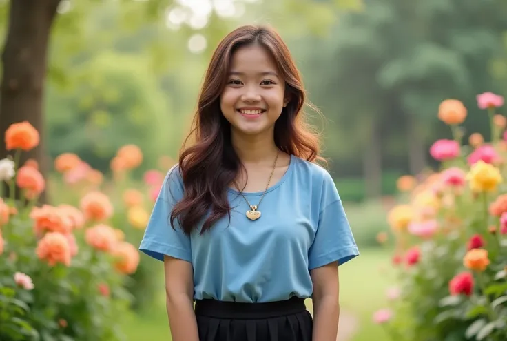  Photo of a young Indonesian woman round face , with light brown wavy long hair . Smiling She has a slightly chubby body , curled and wearing a short-sleeved blue blouse and black skirt .  She also wore knee-high socks and a necklace with the inscription "...