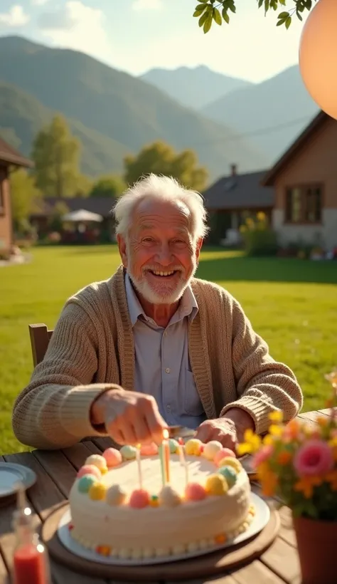 A hyper-realistic vertical 9:16 scene in a countryside backyard bathed in soft golden sunlight. A smiling grandfather, wearing a cardigan with earthy tones, sits at a rustic wooden table decorated for a birthday celebration. A beautifully decorated cake, a...