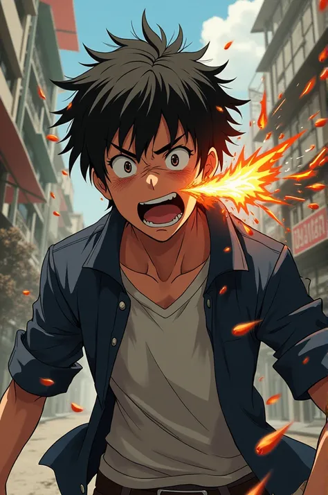 Anime scene of a young man screaming because bullets penetrate his body from the side 