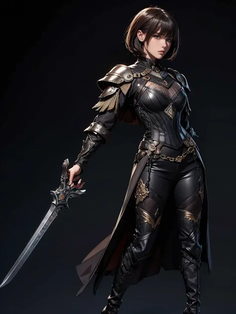 ((black background))), best quality, solo, 1 woman,full body,standing,high heel boots,black boots,knight,bangs,looking at viewer,sword,brown hair,pretty woman,masterpiece, intricate details, tonemapping, sharp focus, hyper detailed, trending on Artstation,...