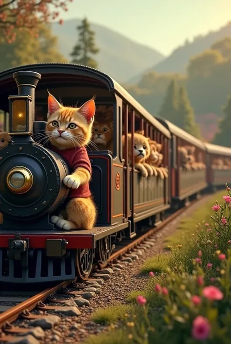 A cats driving a train full of animals 3d realistic