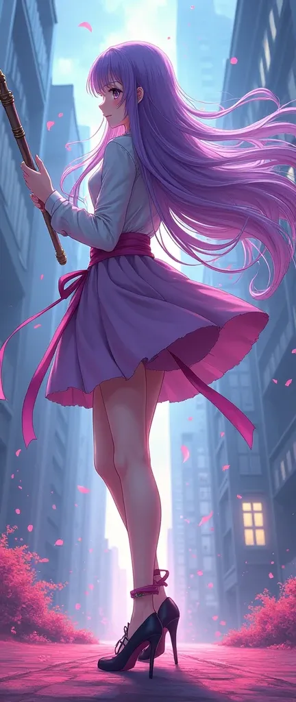  High Resolution ,  masterpiece,Matou Sakura,destiny,  Ultra smooth purple hair flying with the wind,  solo , 1girl,external, detailed background,  Detailed eyes ,  full body portrait,  Slim Long Legs,  Extra high heels ,  the highest thinnest heel ,  with...