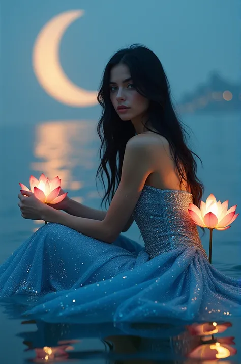 Create A beautifully extended dark long hair opened eyes striking eyes green smiling face and magical scene featuring a woman with long black hair sitting in shallow water during twilight. She is wearing an elegant blue  dress  blue  diamond sparkly shiny ...