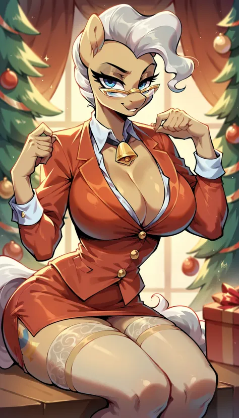 score_9, score_8_up, score_7_up, Mayor Mare, mlp, anthro, 1girl, blue eyes, solo, curly hair, tight body secretary suit, tan stockings, large breasts, cleavage, jewellery, 1girl, solo, Christmas clothes, sexy pose, sit pose, legs together, perfect legs, In...