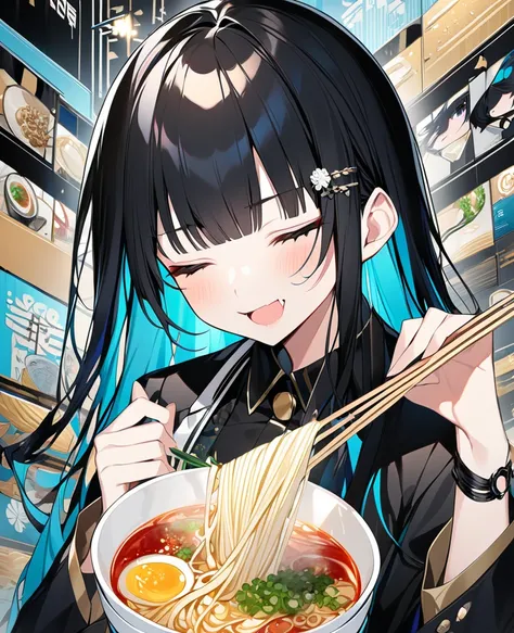  A beautiful adult woman with long black hair closes her eyes and 、 is eating delicious ramen with plenty of beer in one hand、suit、Background cyan、pop＆BEAUTY SCRAP WONDERFUL 