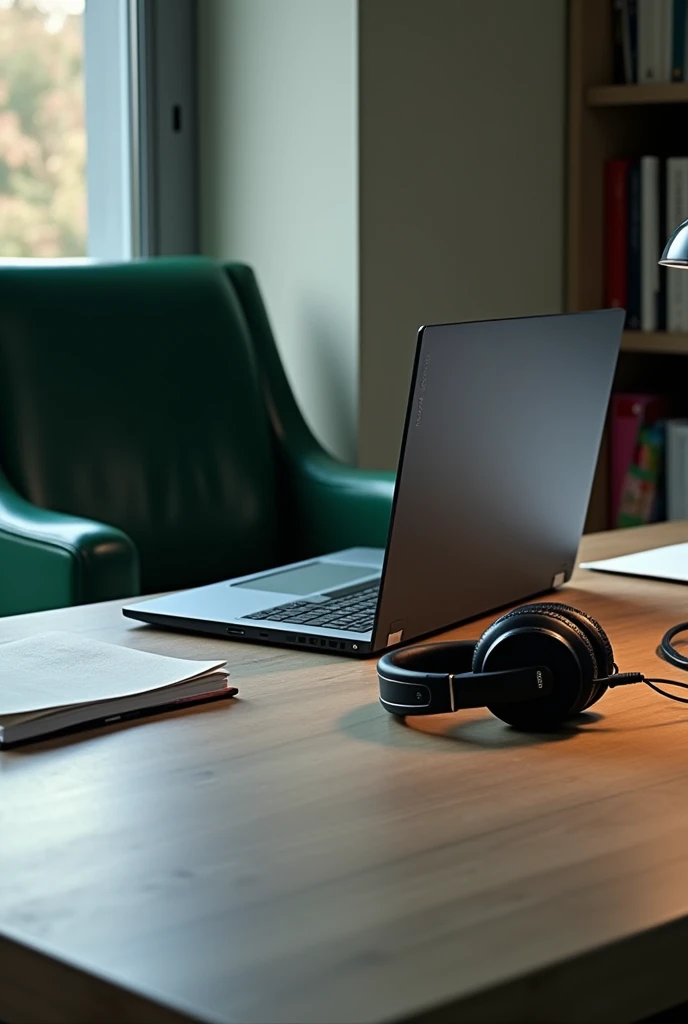 Create a LinkedIn background picture,
A green chair with A white Dextop with a lenovo thinkpad black laptop, 1 black headset, some books on dextop table. Wires connected to laptop 